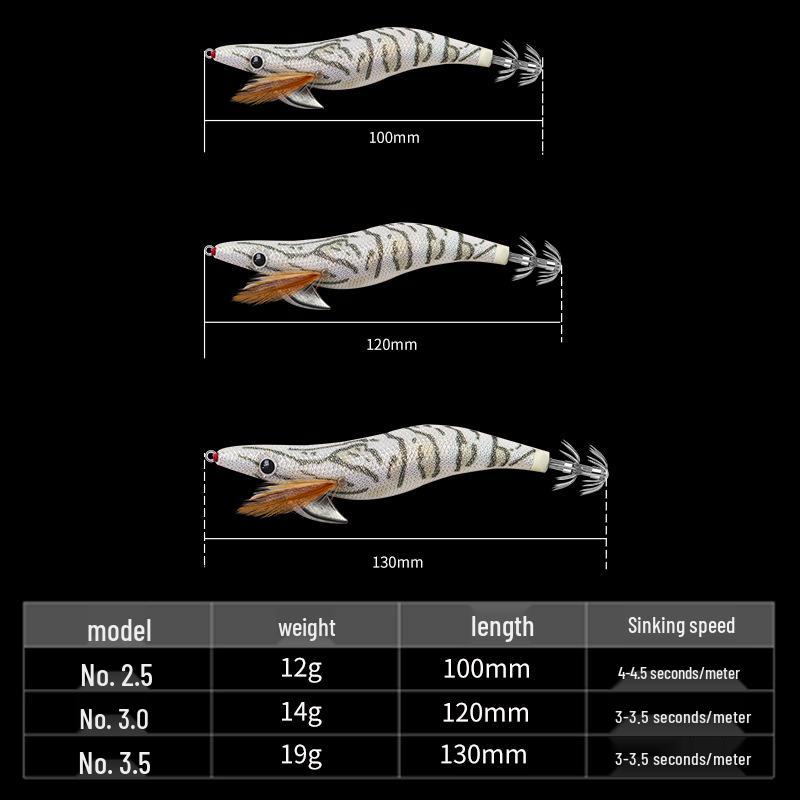 SQUID KING Luminous Wooden Shrimp Squid Hook - Sizes 2.5, 3.0, 3.5 with Rapid Current Lead Head & Rattle for Deep Water.