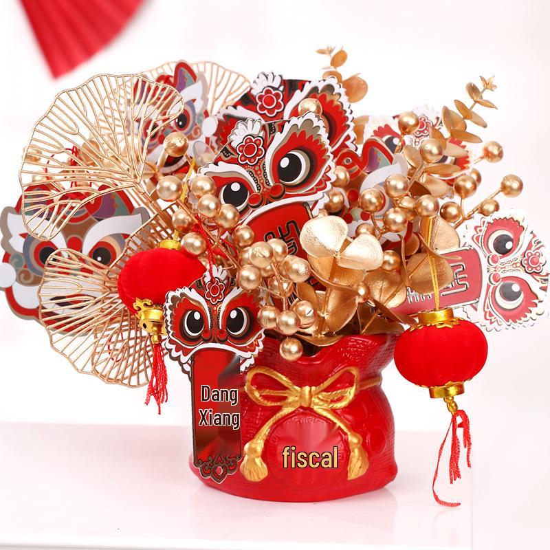 2025 Spring Festival New Year Fortune Bucket: Fu Character Ornament with Artificial Red Fruit and Flowers