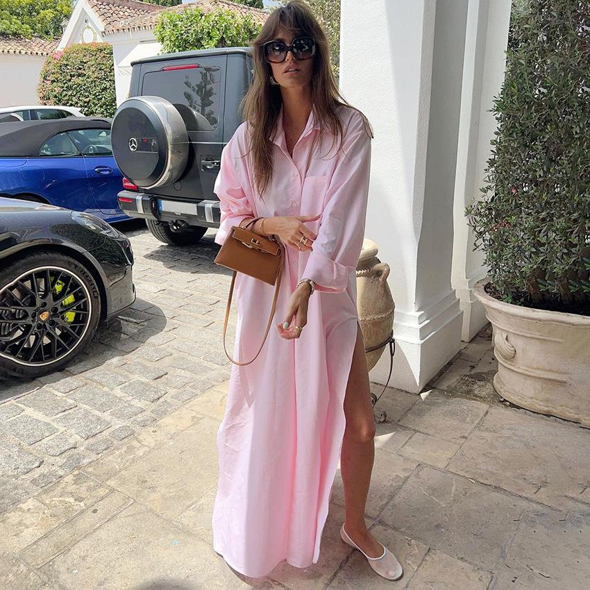 

Повседневная мода во французском стиле, ленивое свободное платье-рубашка, длинное платье, весна-лето, отложной воротник, платье с разрезом для женщин Free size розовый