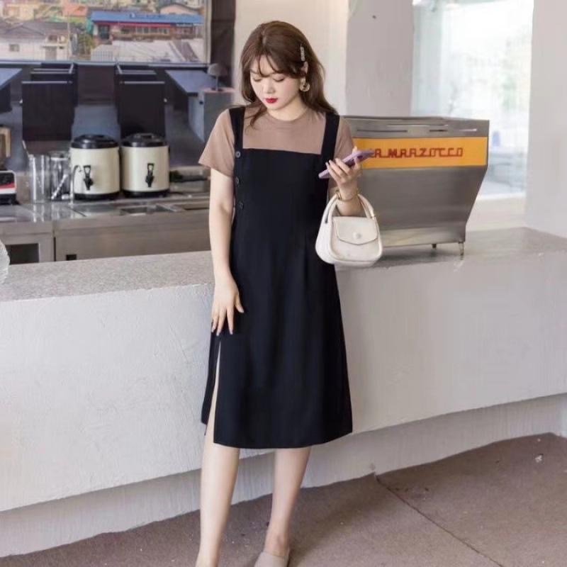 Plus Size Women s Summer Slim Faux Two-Piece Splicing Slit Dress L