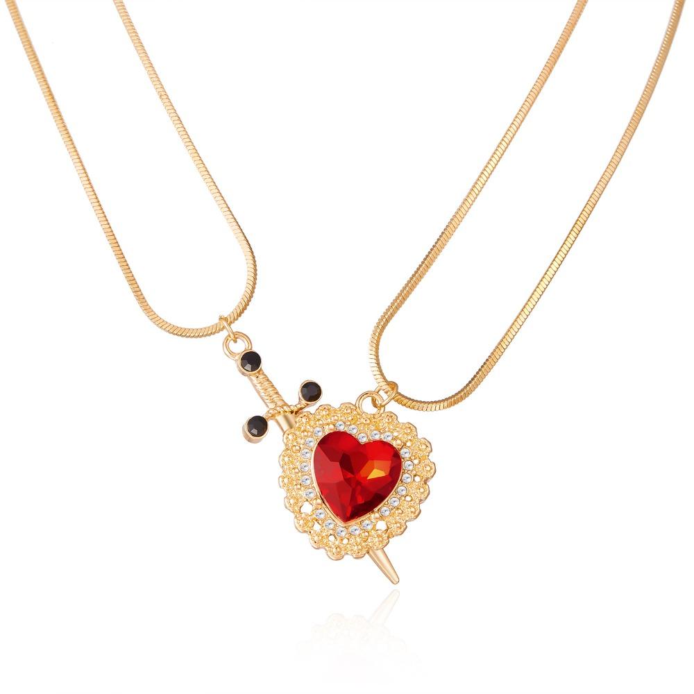 Red Heart and Sword Couple Necklace Collarbone Chain Sword Necklace Fashion Accessories for Women Gift