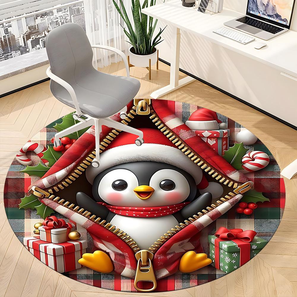 1PC Penguin Christmas Office Round Area Rug, Mat Suitable For Office, Under Office Chairs Bedroom Living Room Home Decor, Room Deco