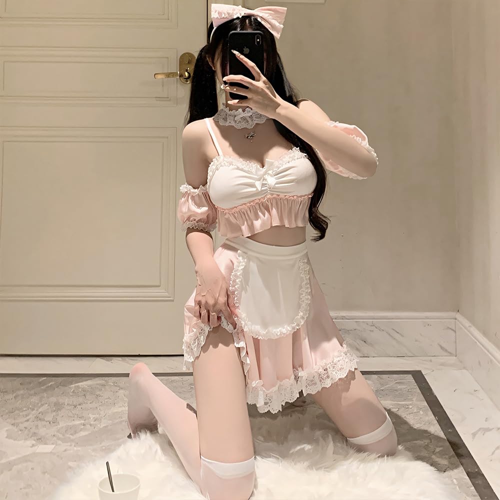 Cosplay Sexy Maid Clothes Apron Blue Pink Extreme Sleeveless Bow Tie Ruffle Sexy Erotic Clothing Halloween Costume Moe Moe Cute Ladies Photo Session