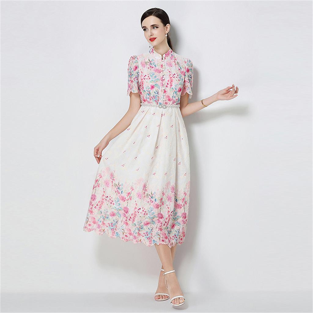 Elegant A-Line Dress for Women High-Quality Embroidery Flower Stand Collar Short Sleeve Fashion Runway Summer Dress Female 2026