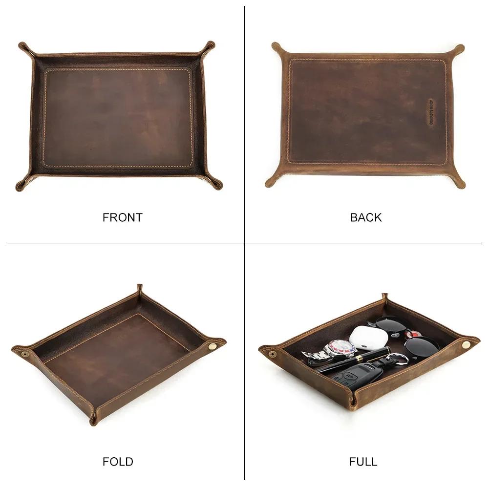Genuine Leather Storage Trays Cowhide Square Tray Key Wallet Coin Organizer Home Office Desktop Storage Sundries Box
