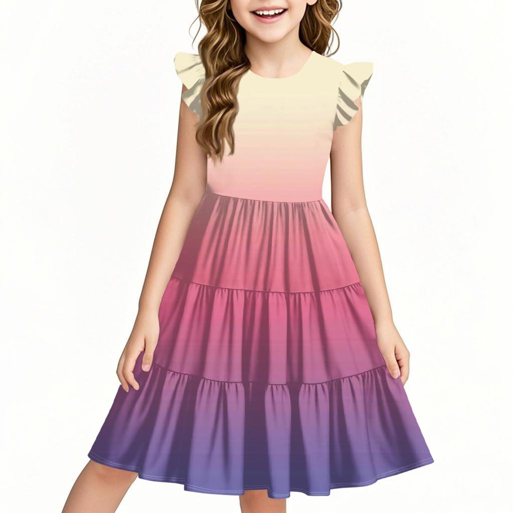 Summer Children's Dress Girls Print Gradient Casual Cute Round Neck Princess Dress