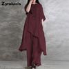 Großgröße Baumwolle Leinen 2-teiliges Sportswear-Set Damen Kurzarm Rundhals Oberteil Hose Dopamin Set