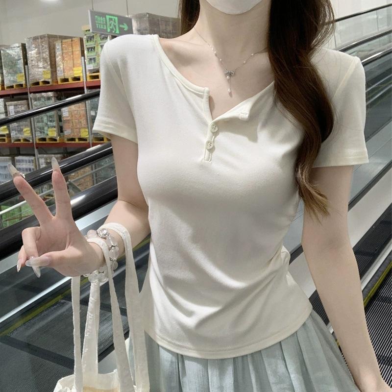 Pure desire dopamine sister feeling semi-open neck short sleeves summer waist thin red top Spice girls wear temperament T-shirt