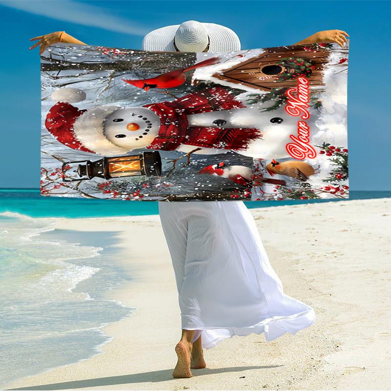 1PC Custom Name Winter Wonderland Snowman Beach Towel Highly Absorbent And Sand-Resistant Towel for Swimming, Pool, Yoga, And Travel Lightweight