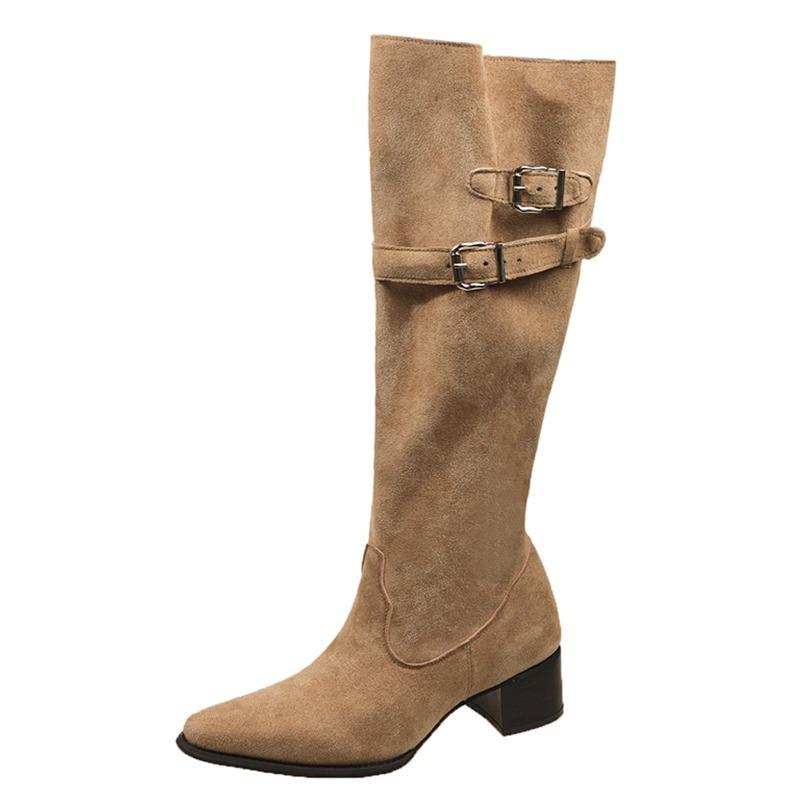 Western cowboy boots women's 2025 new spring and autumn pointed thick heel pile boots high belt buckle long knight boots