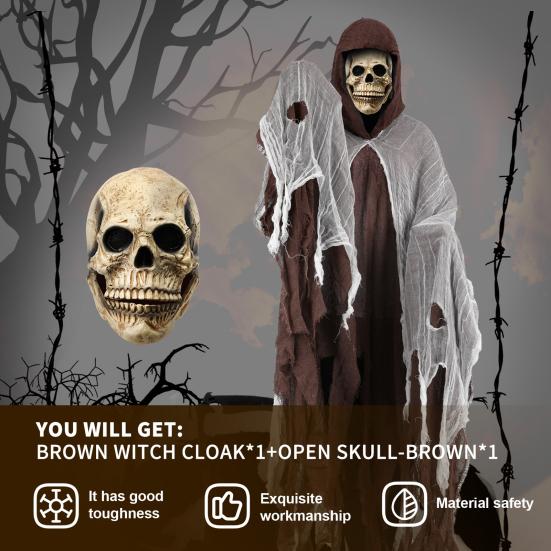 Halloween Grim Reaper Costume Black Hooded Cloak with Skull Masque Vintage Medieval Cape for Adult Cosplay Props