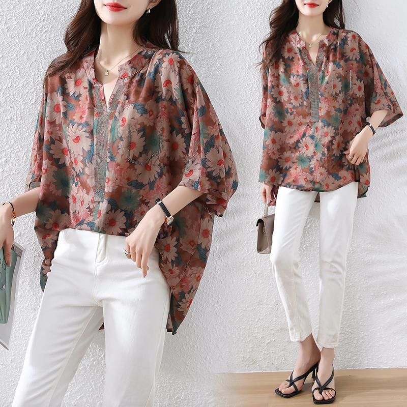 DIMANAF 2025 Summer Women T-Shirt Plus Size Blouse Basic Vintage Loose Oversized Floral Casual Tops Tees