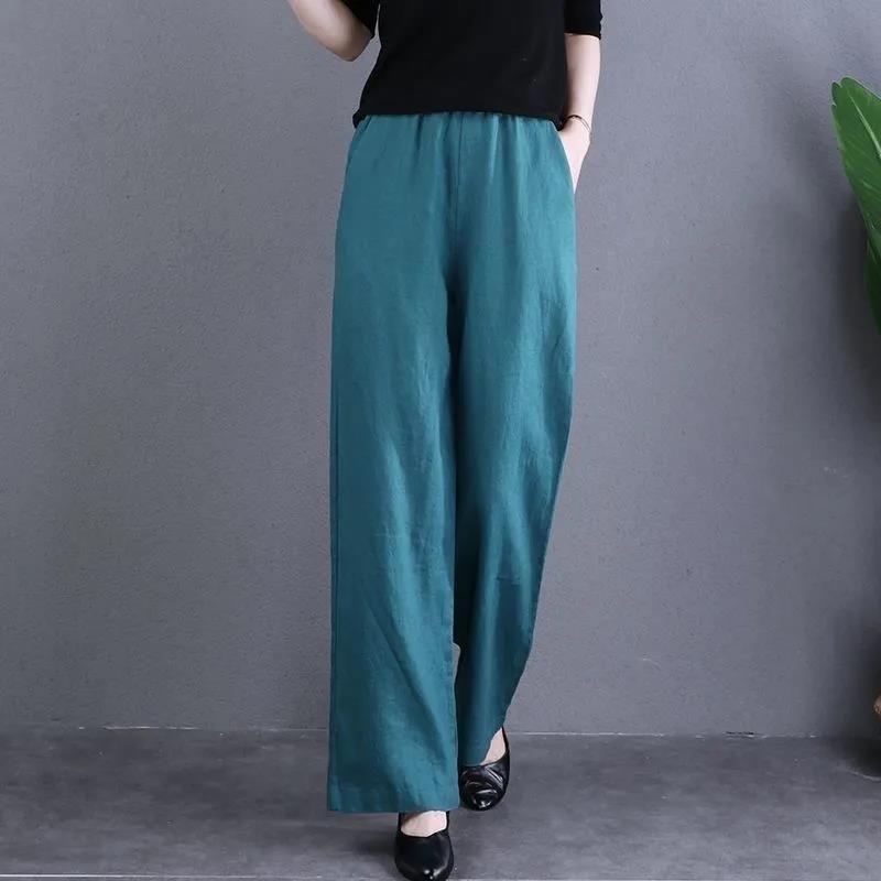 Wide-leg Pants for For Women In Spring and Summer Literary Large Size Elastic Waist Slimming Drape Straight Pants Solid Color Versatile Casual