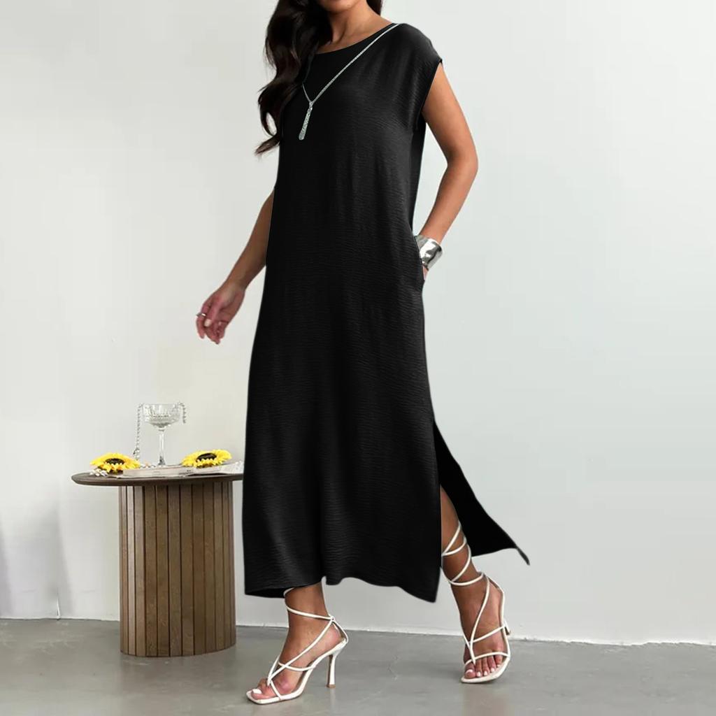 Sleeveless Solid Color Slim Fit Midi Dress with Side Slit Loose Fit Tank Dress for Women Casual Daily Wear