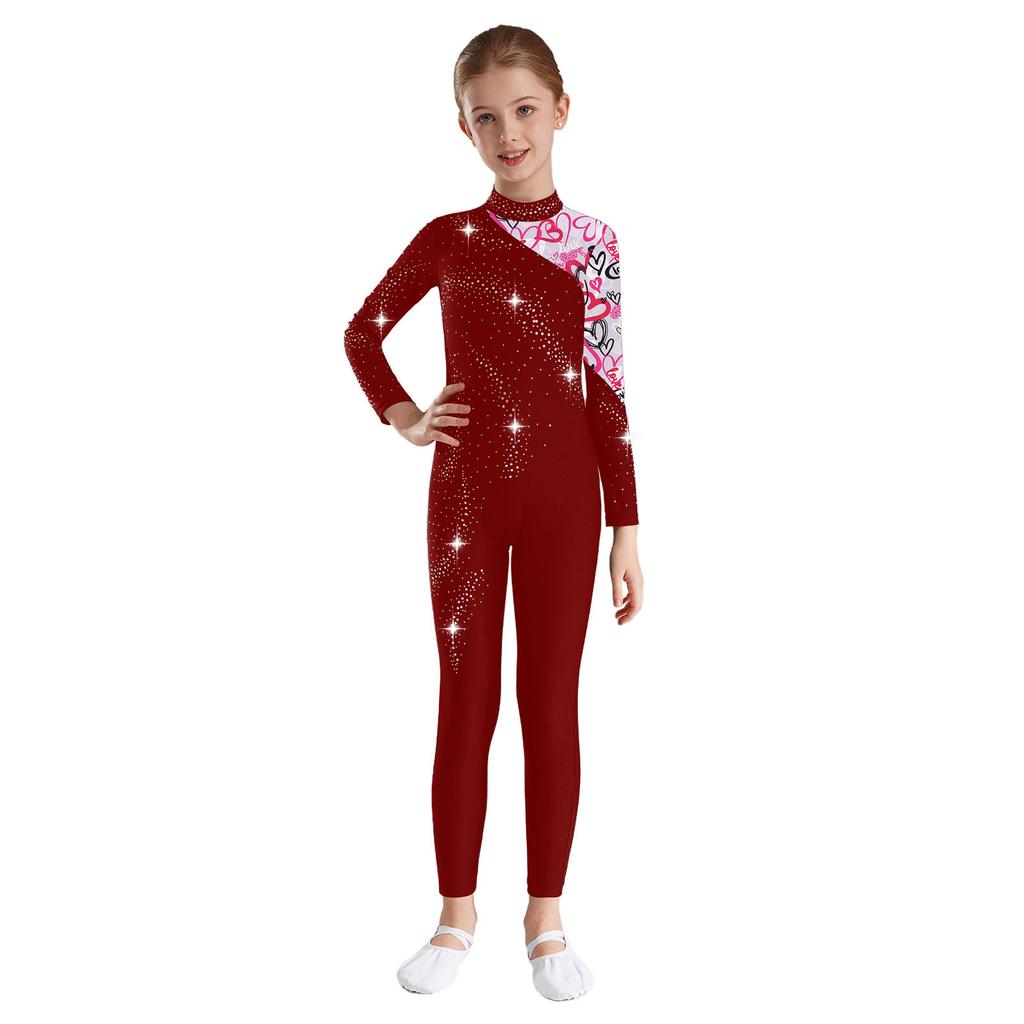 Mädchen Performance Jumpsuit Mock Neck Design Langarm Leotard Glänzende Strasssteine Akrobatik Outfit