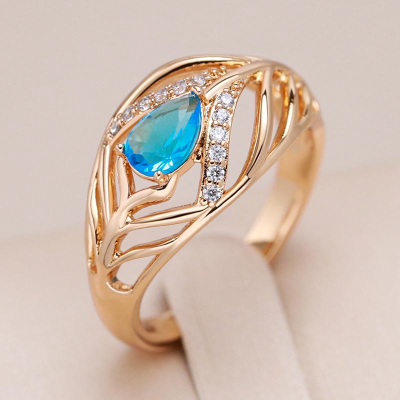 New Vintage Blue Natural Zircon Leaf Ring For Women Ethnic Bride  Rose Gold Color Accessories Party Daily Fine Jewelry