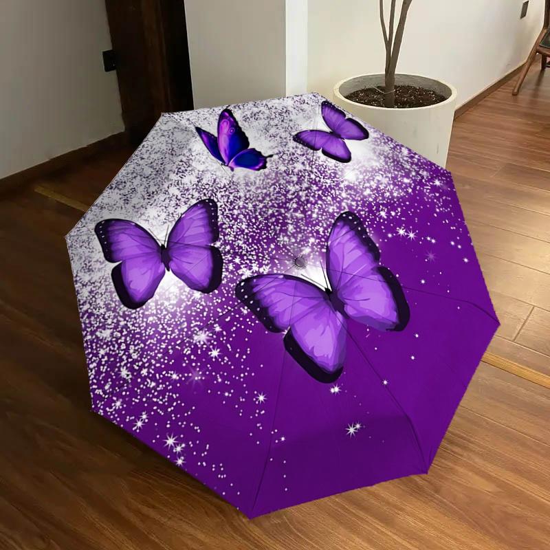 

Purple Butterfly Auto Open Close Umbrella - Portable Tri-Fold Design with 8-Bone Iron Frame, , Perfect Gift for Fans, Travelers, Daily Use,