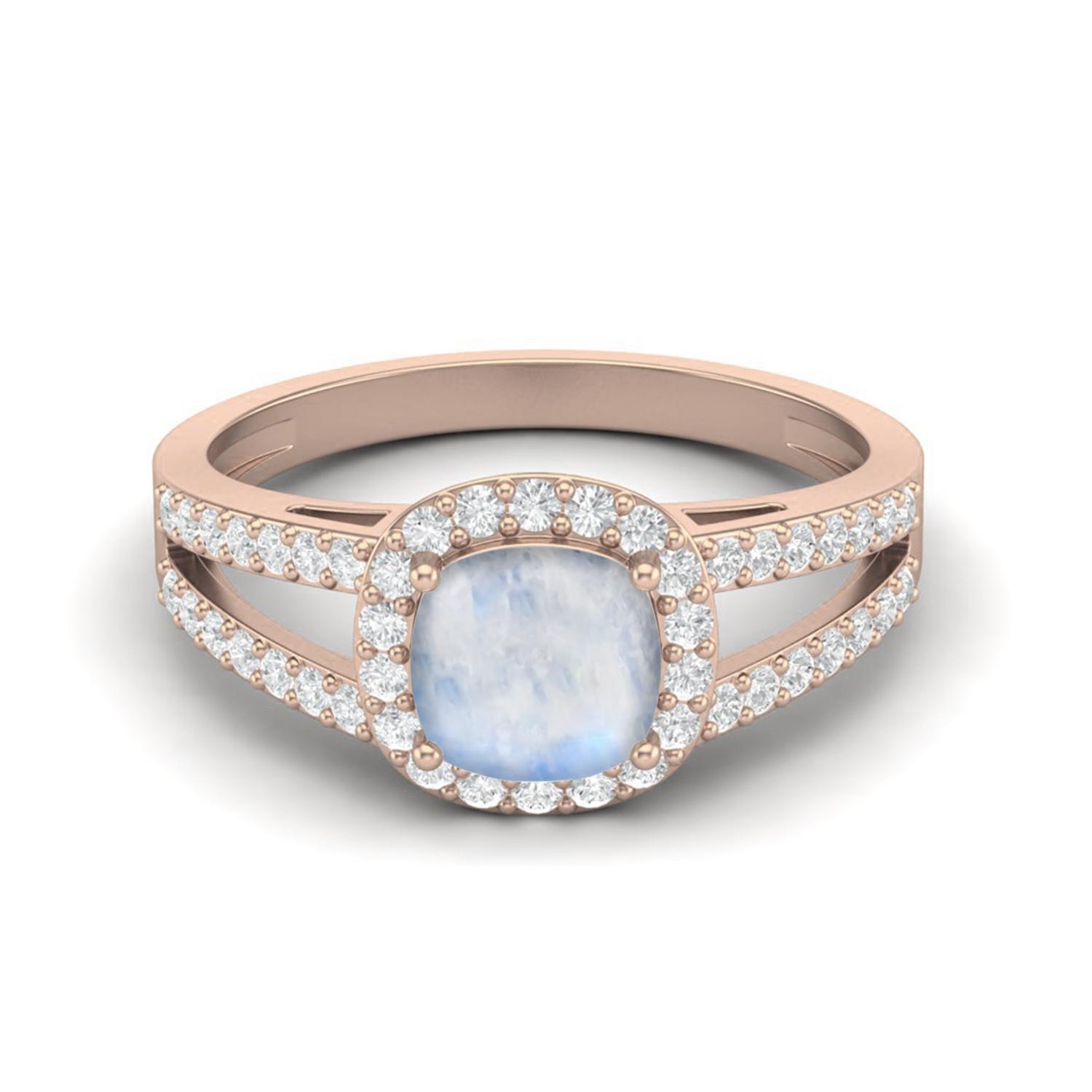 

Серебро 925 пробы с позолотой розовым золотом 2,22 карата Огранка Cushion Лунный камень Одиночный камень с акцентами Разделенное кольцо Свадебное женское кольцо 8 ярко-розовый