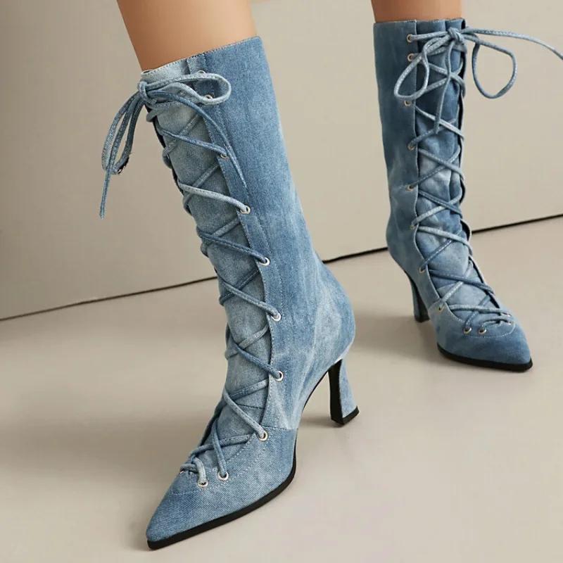 Fashion New Blue Denim Cross Strap Mid-calf Boots Autumn Winter Fashion Black 8cm High Heel Plush Warm Women's Long Boots Size 34-48
