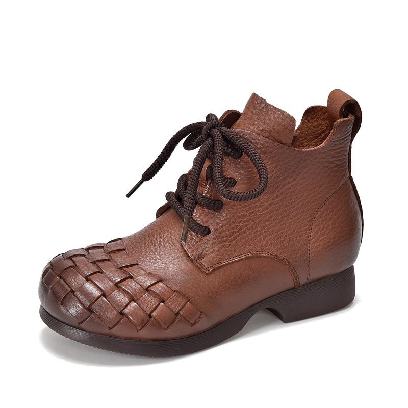 Johnature Stivali da donna in vera pelle intrecciata a mano retrò Stivali corti in vera pelle con lacci e punta tonda