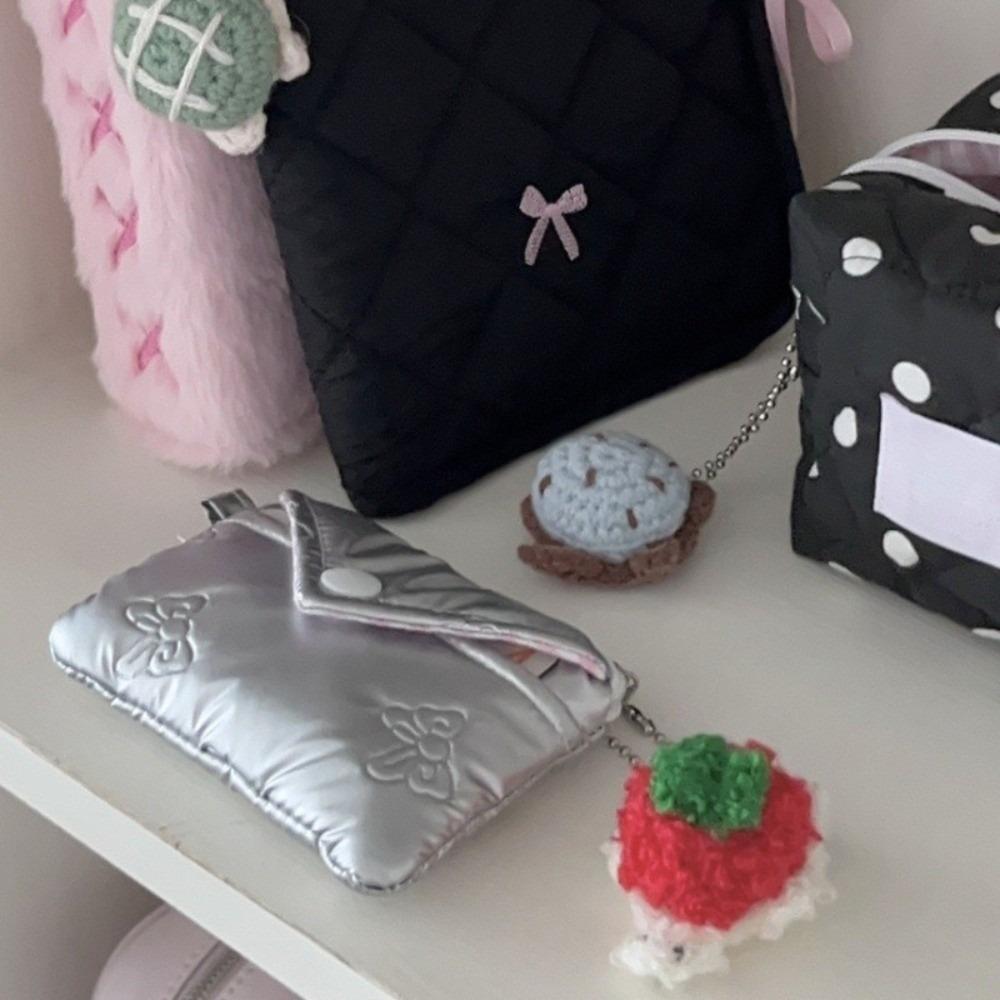 Cotton Material Quilted Wallet 2-Layer Dust-Proof Mini Storage Bag Bow Design Small Zipper Zipper Bag Card Holder