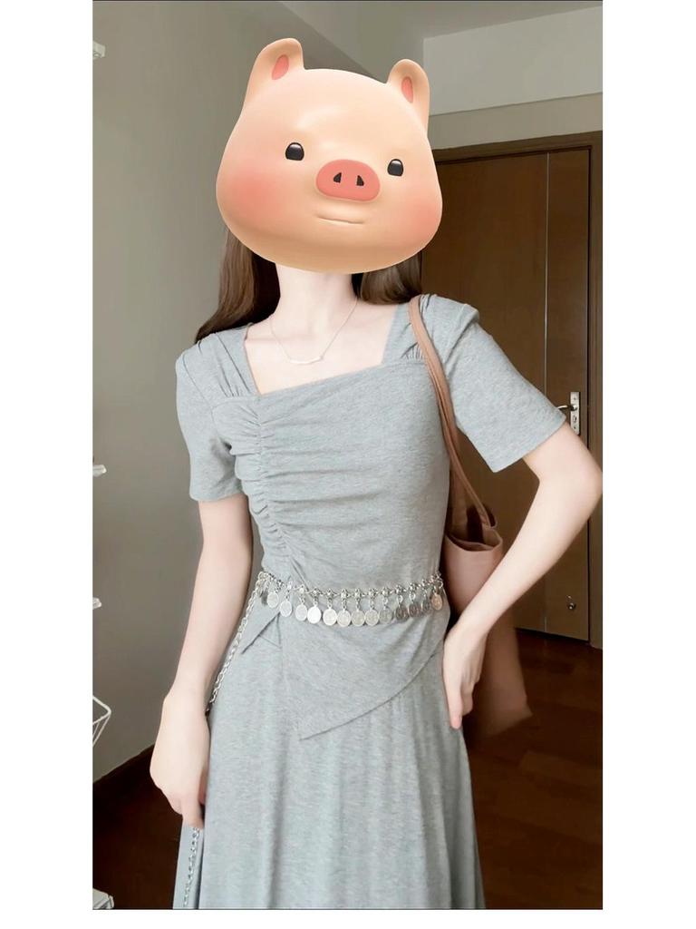 2026 Graues Petite Französisches High-End Langes Sommerkleid für Damen