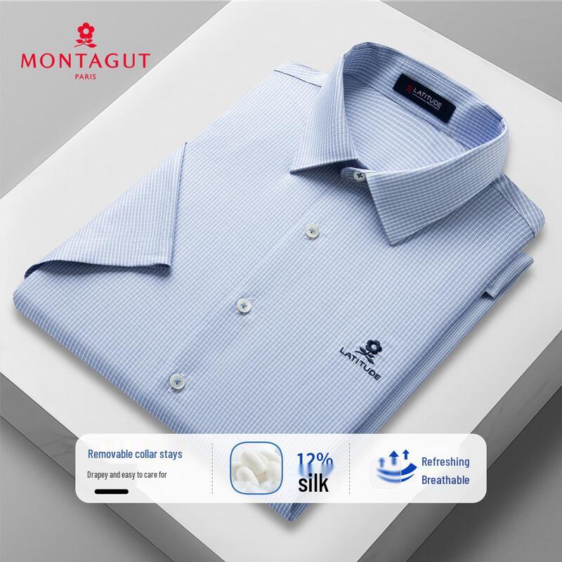 

MONTAGUT Men s Plaid Short-Sleeve Shirt with Mulberry Silk 44