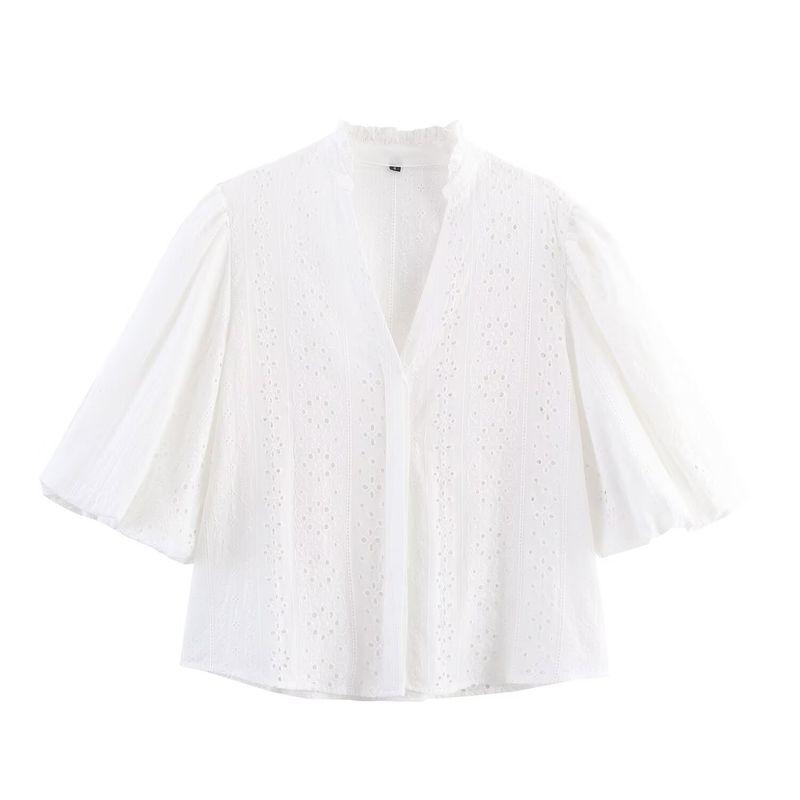 

Kaslead New Women clothes Western Style Fashion Puff sleeve Hollow Embroidery Shirts 8741229 White L