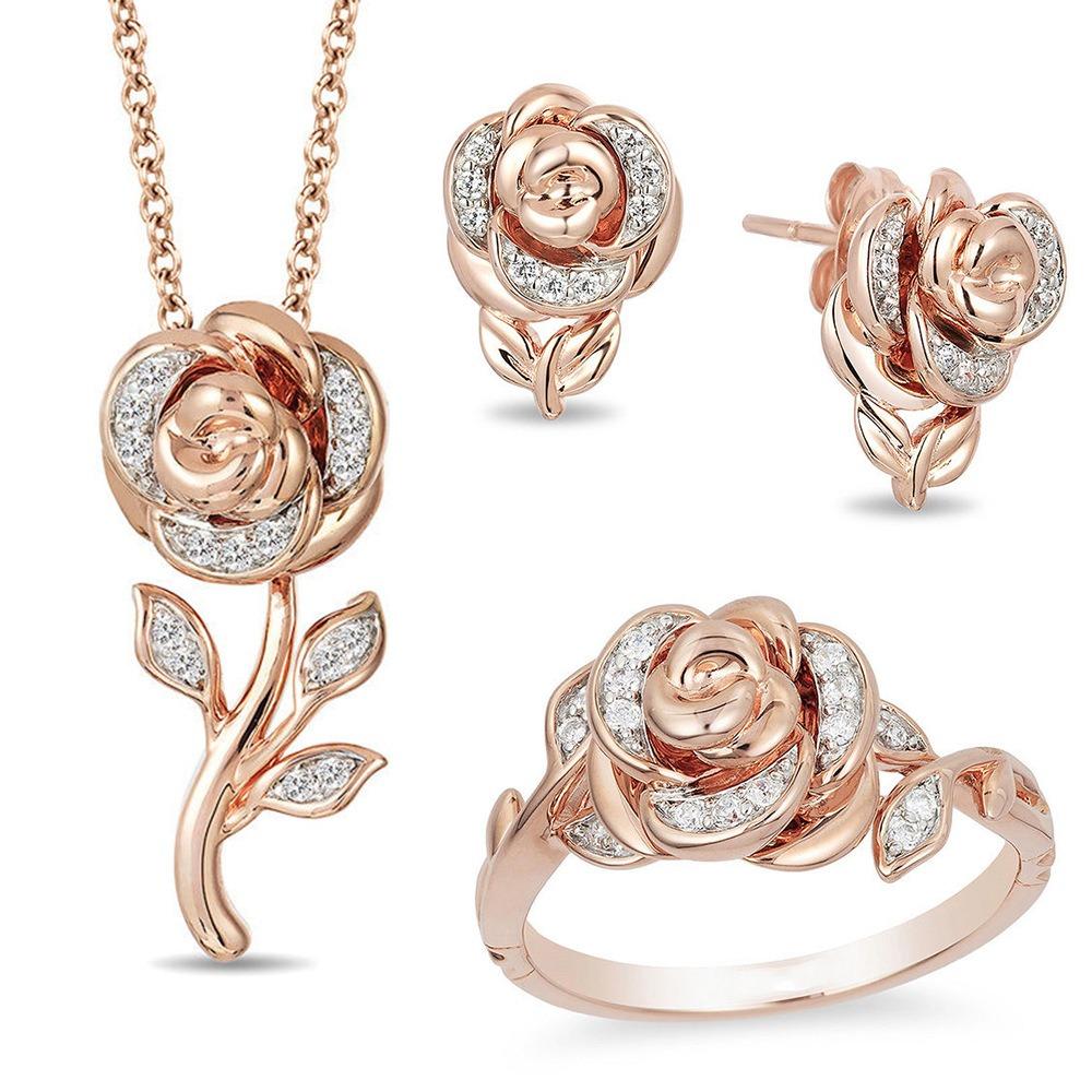 

Rose Pendant Necklace Women Jewelry Set Flower Gift for Her Wedding Engagement Ring Earrings 6