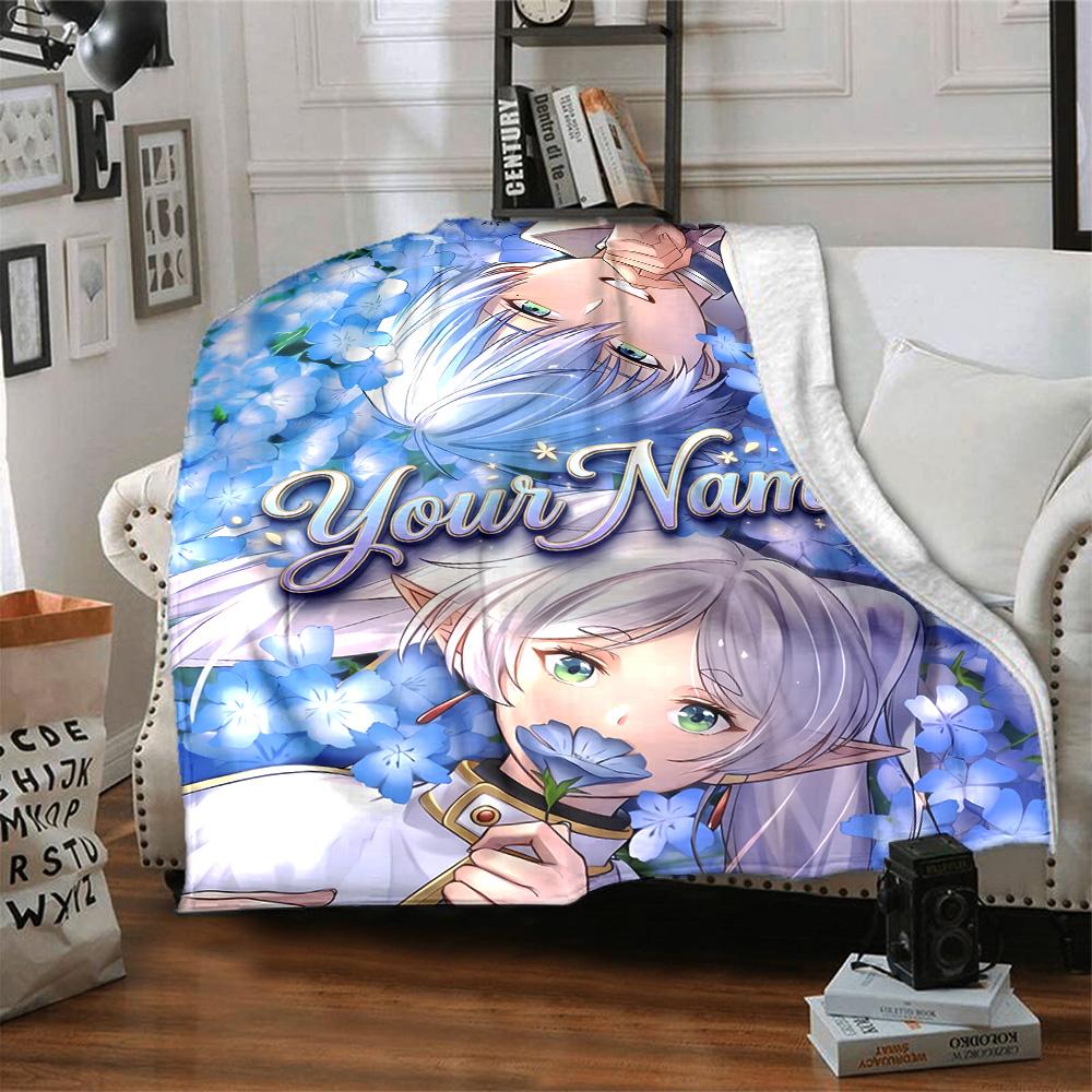 1pc Frieren Blanket with Custom Name, Gift, for Men and Women, Soft Blanket, Good for Sofa Bed Couch Travel, Lightweight Flannel Blanket