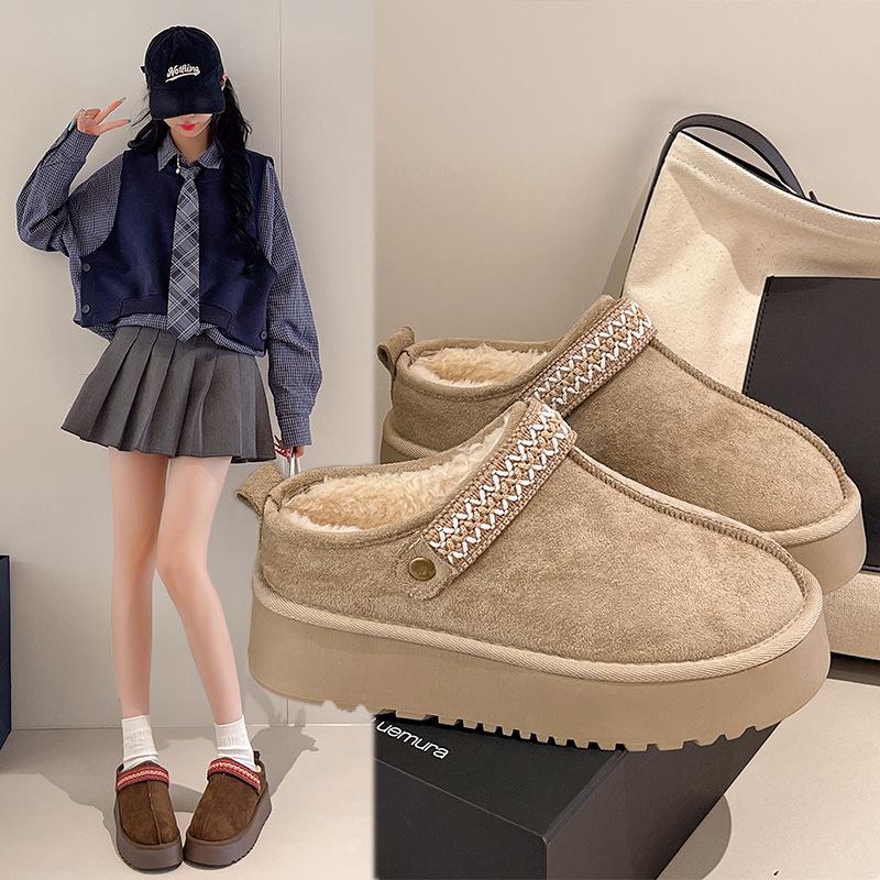 Thick-soled velvet snow boots, bag head, fluffy half slippers, women's outer wear 2025 new autumn and winter one-pedal cotton slippers