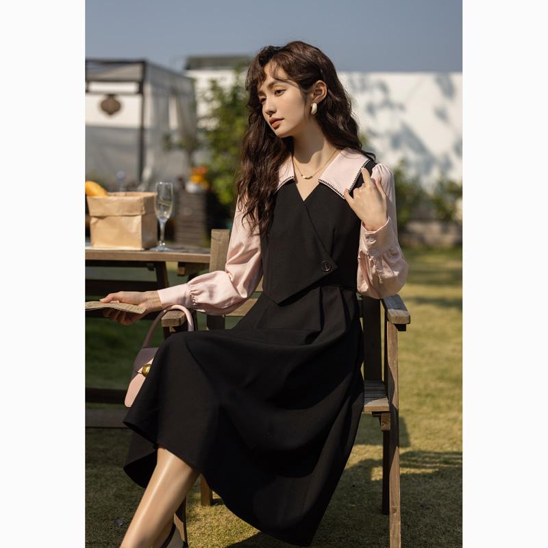 

Женское платье из двух частей Mishow Mock, весеннее французское винтажное платье средней длины в корейском стиле с ампирным узором из саржи, смешанная женская одежда трапециевидной формы MXC12L1457 S чёрный