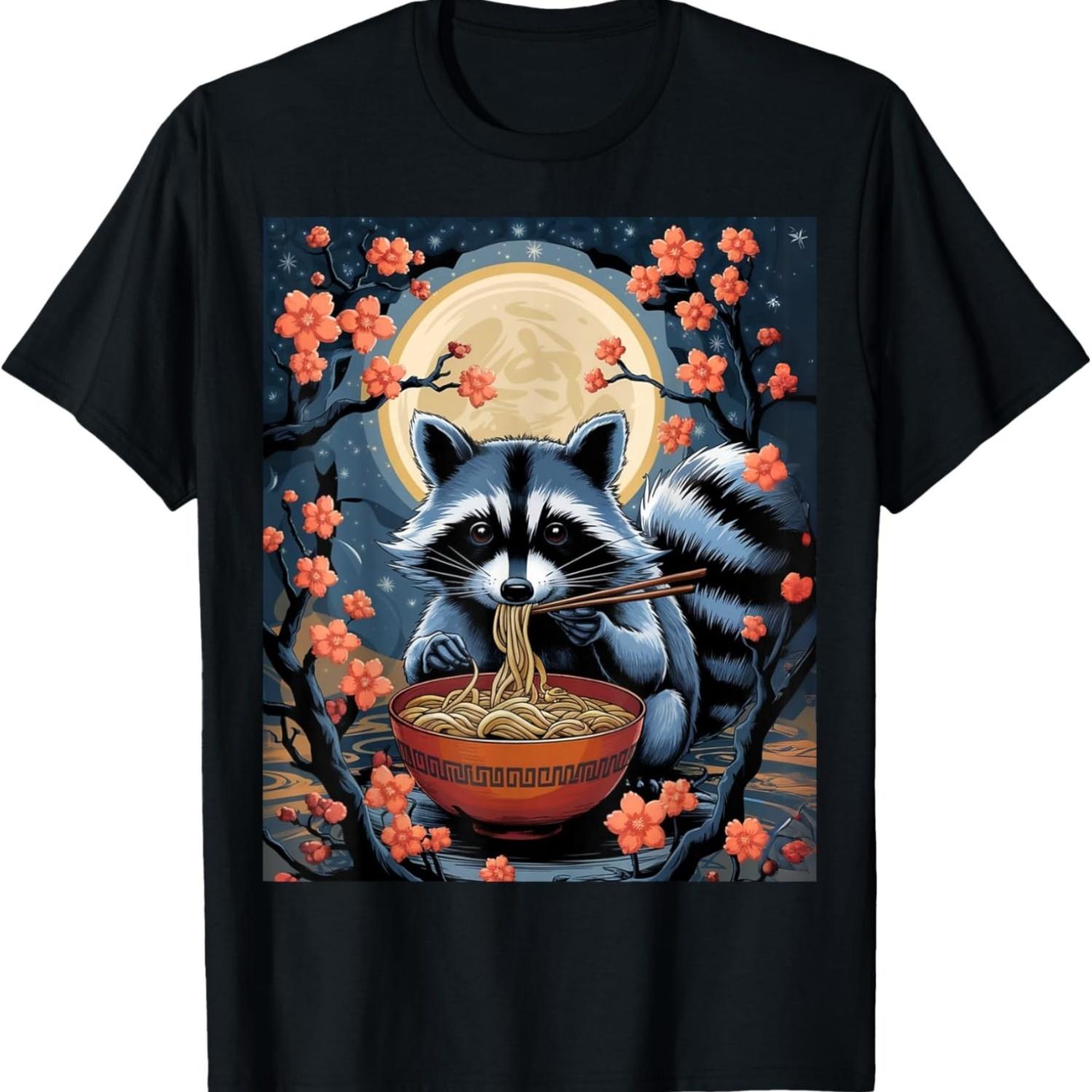 Cute Raccoon Eating Ramen Under Moon Cherry Blossom Art Kids T-Shirt S чёрный