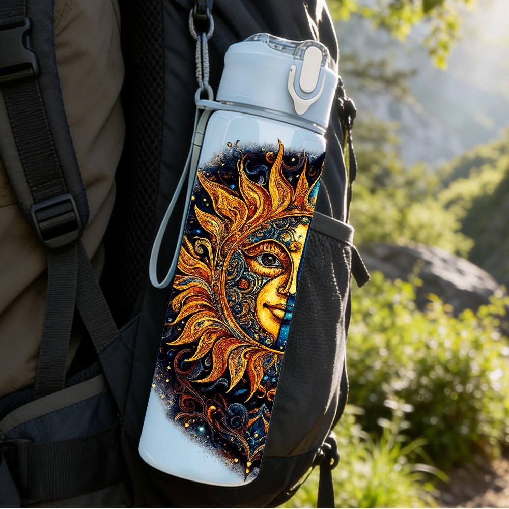 1PC Sun Face Bohemian Art Print 750ml Color Plastic Sports Water Bottle Leakproof Flip Straw Lid Suitable for Sports Office Home Use