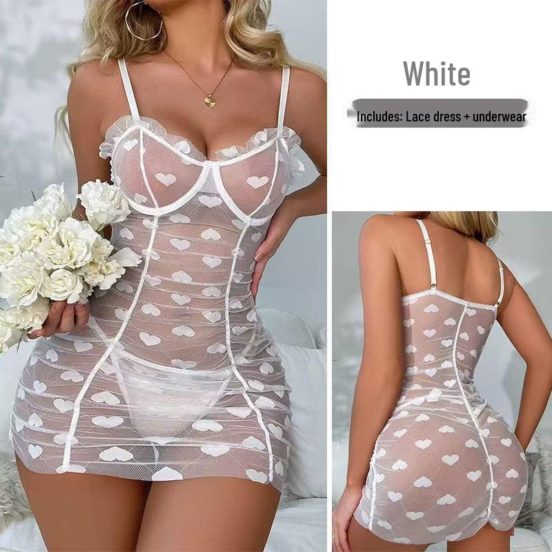 European & American Heart Print Lace-up Mesh Nightgown