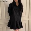 VONDA Women Lapel Neck Long Sleeve Solid Button Down Casual Ruffled Shirts Dress