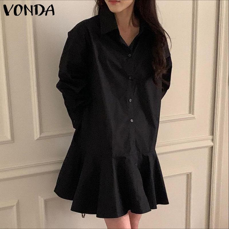 VONDA Women Lapel Neck Long Sleeve Solid Button Down Casual Ruffled Shirts Dress