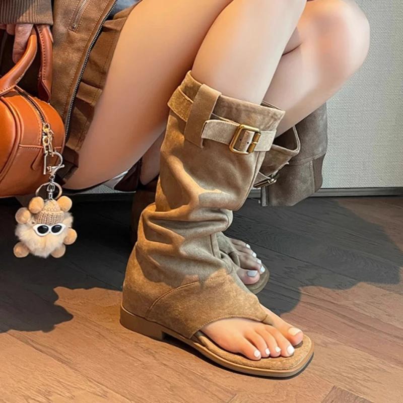Fashion Summer Internal Elevation Women Knee High Boots Retro Style Clip Toe Shoes Ladies Causal Slip on Sandalias Booties