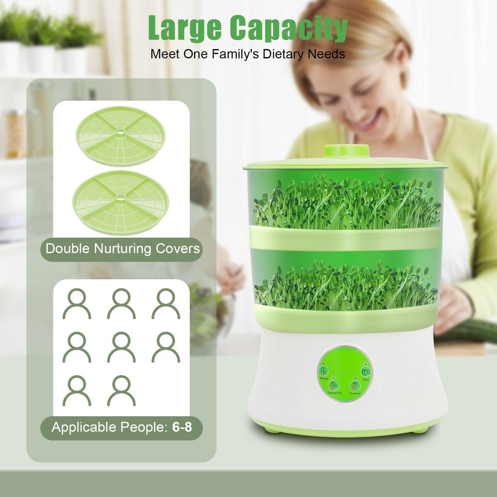 Automatisk Bønnespirer Maskin, 2-lags 3 Moduser 360° Sprøyting, Innendørs Økologisk Mungbønnespirer Maskin for Hagearbeid Hjemme