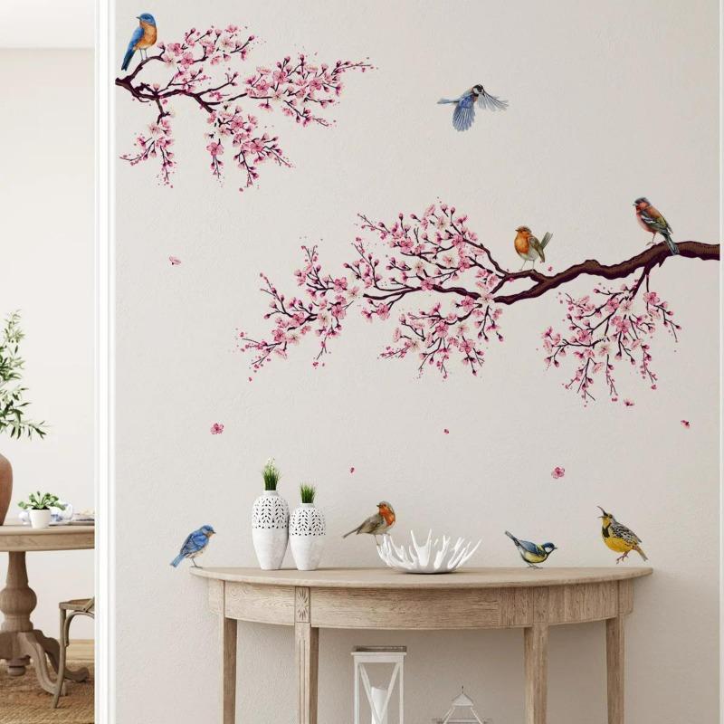 Rosa Pfirsichblüte Blumen Zweig Vögel Floral Wandaufkleber für Schlafzimmer Wohnzimmer Möbel Hintergrund Wandtattoos Wandbilder PVC