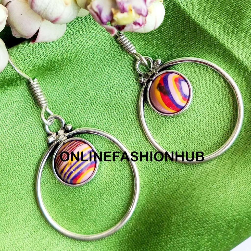 Rainbow Calsilica Gemstone 925 Sterling Silver Plated Women Hook Earrings Jewelry NST-WE4