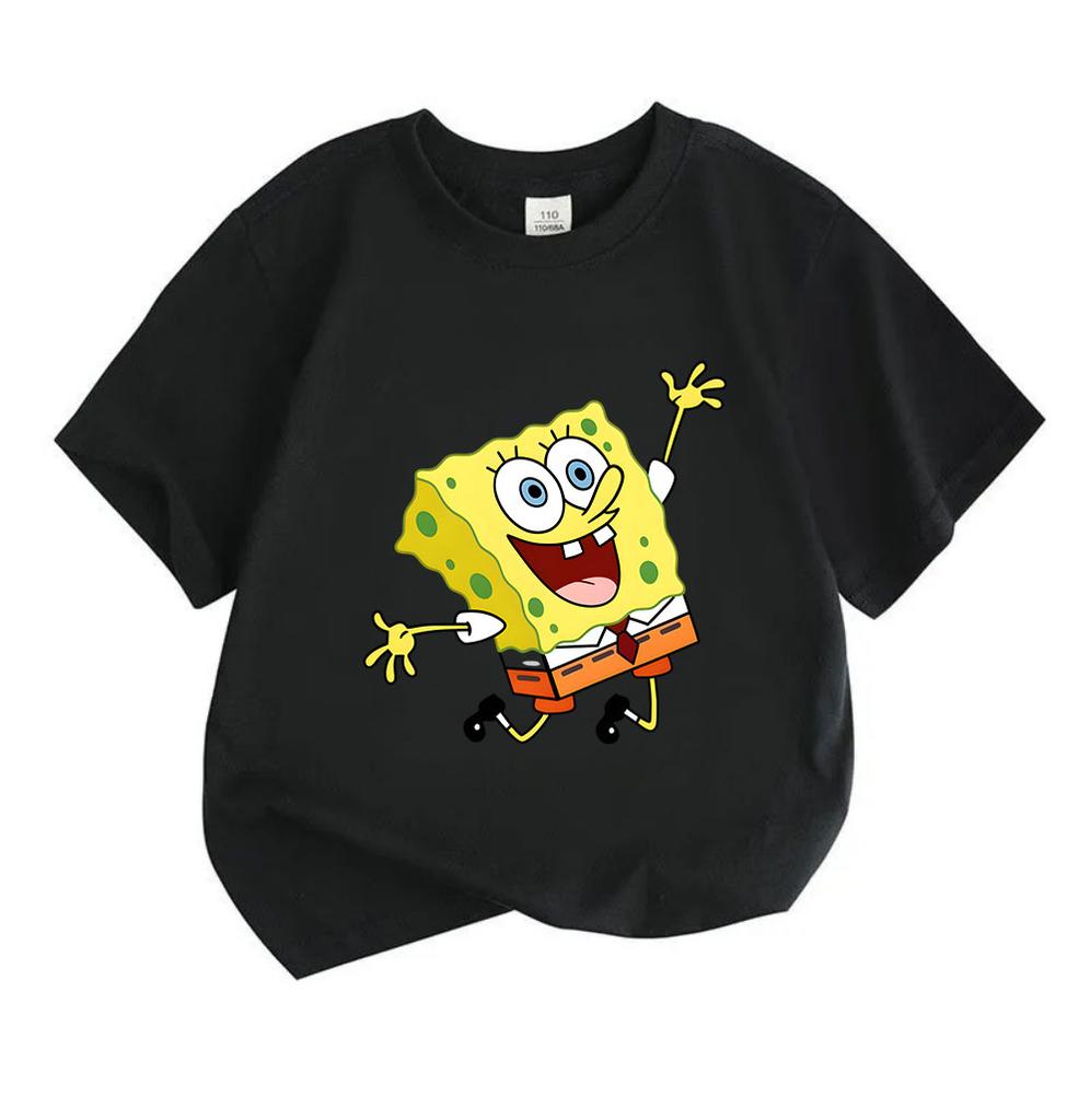 Kids Boys Girls 100% Cotton Crew Neck Short Sleeve T-shirt, Cute Happy Yellow Sponge Print Casual Lightweight Breathable Summer Tops for Children Dail