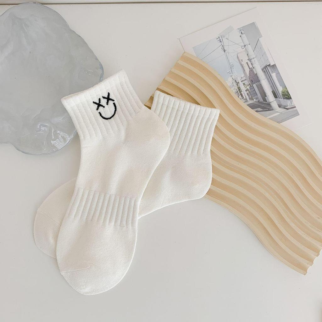 Women’s Spring/Summer Ankle Socks - Cute Smiley Face Embroidery, Japanese Style, Unisex Pure Cotton Sport Socks