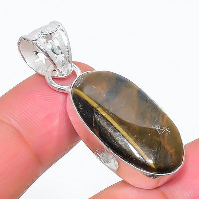Natürlicher Tigerauge Edelstein Handgefertigter 925 Sterling Silber Anhänger 1,65" c8z28