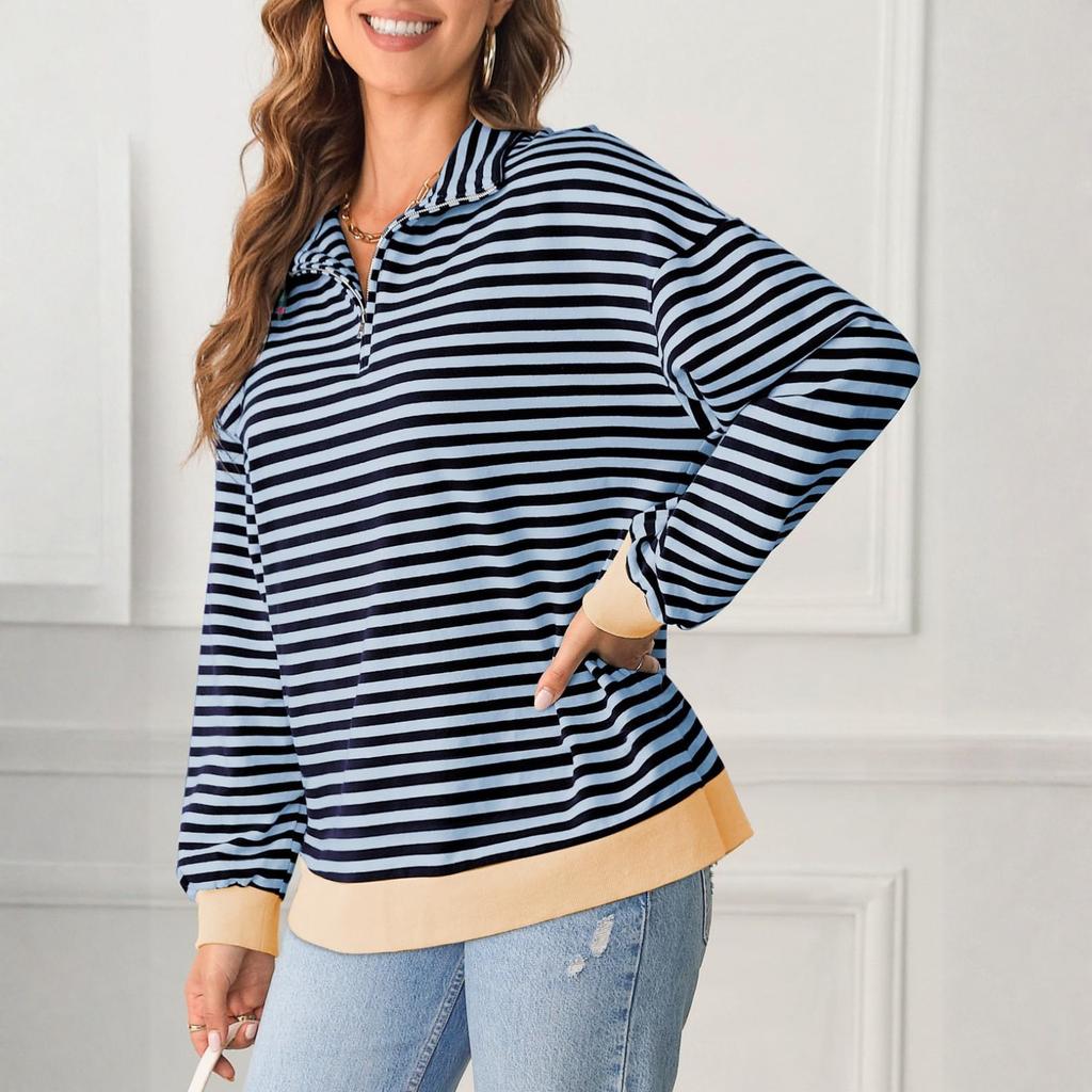 Sweat-shirt à manches longues rayé tendance pour femme, style sport décontracté