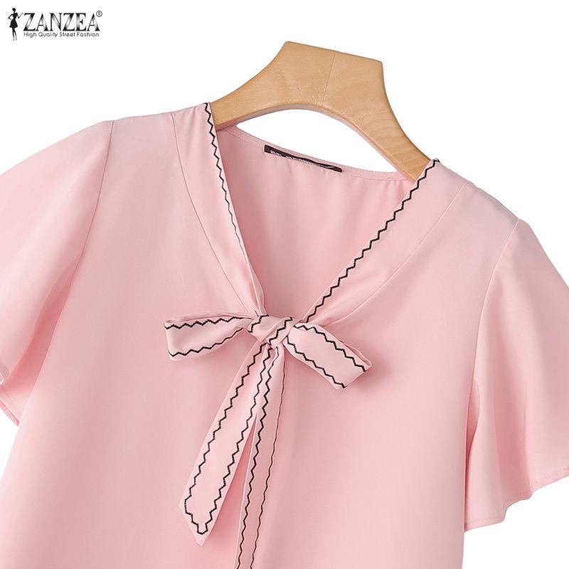 ZANZEA Womens Elegant V-Neck Tie Bow Stitching Short Sleeve Casual Loose Blouse Tops