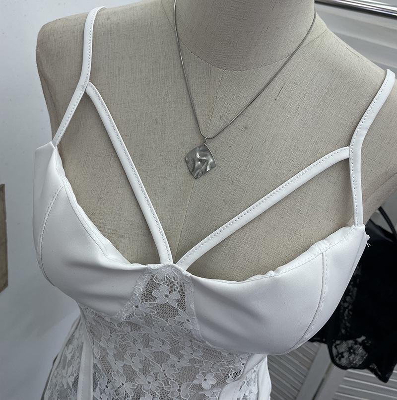 American Spicy Girl Lace PU Leather Patchwork See-Through Camisole with Chest Pads and Shirred Back Top