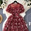 Summer Lace Hook Flower Embroidered Bubble Sleeve Dress for Womenfashion Slim Waist Dress Female A-line Cake Party Retro Dress