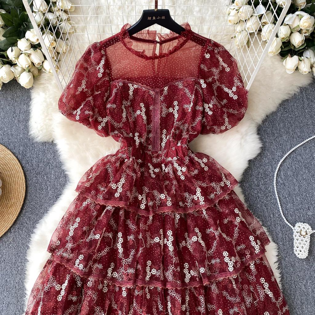 Summer Lace Hook Flower Embroidered Bubble Sleeve Dress for Womenfashion Slim Waist Dress Female A-line Cake Party Retro Dress