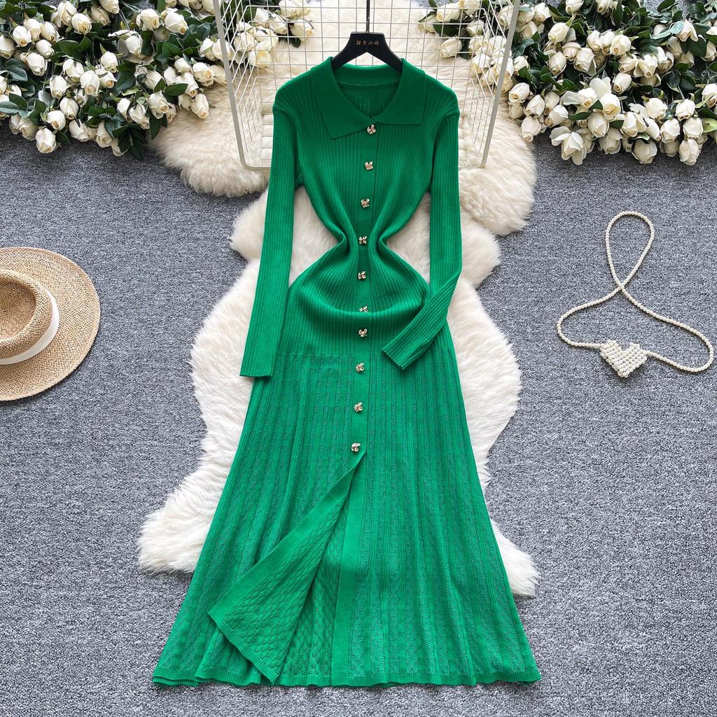 French Retro Turn-down Collar Long Sleeved Metal Buckle Dress for Women's Autumn Slimming Waist Knit Long Dresses